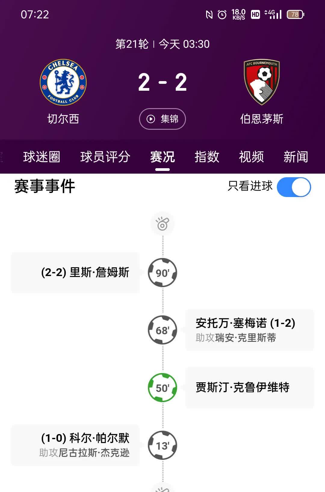 切尔西客场对阵伯恩茅斯，争夺积分